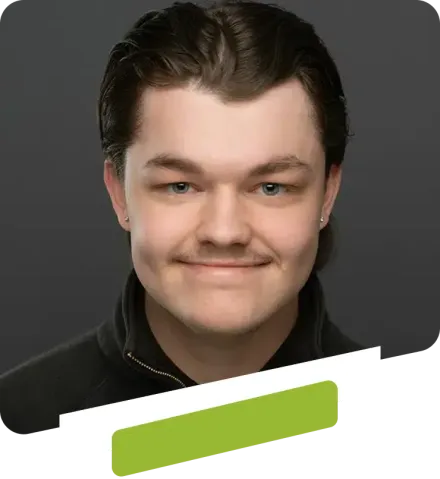 Smiling person with a green graphic overlay.