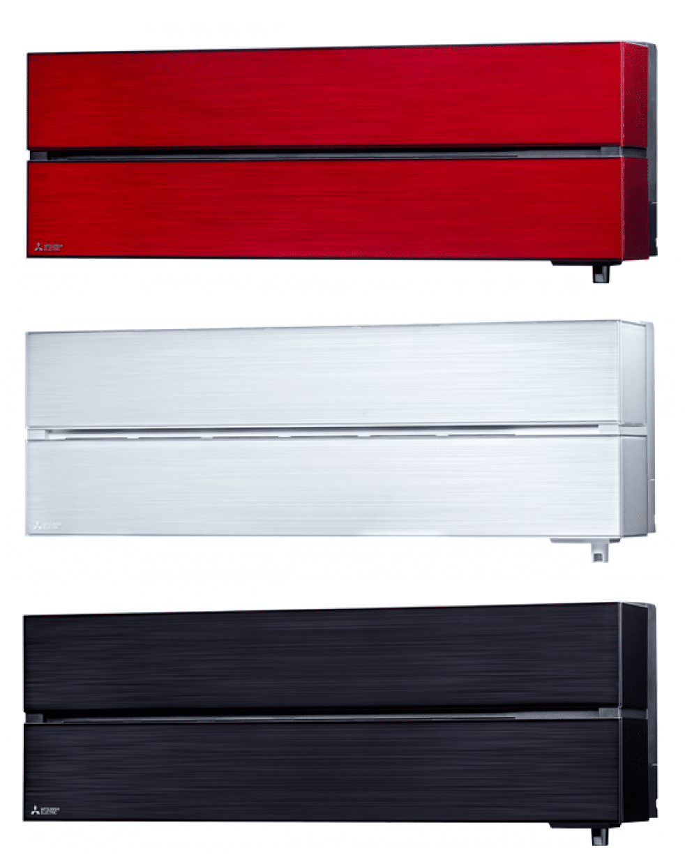Three coloured wall-mounted air conditioning units.