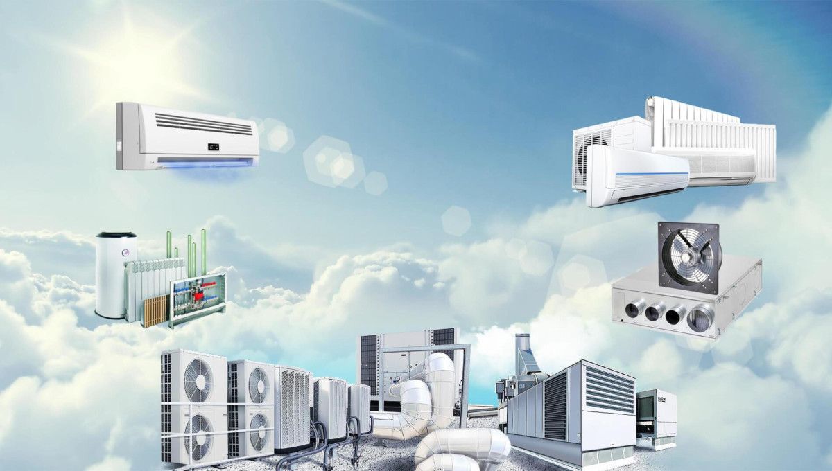 Various air conditioners against a cloudy sky background.