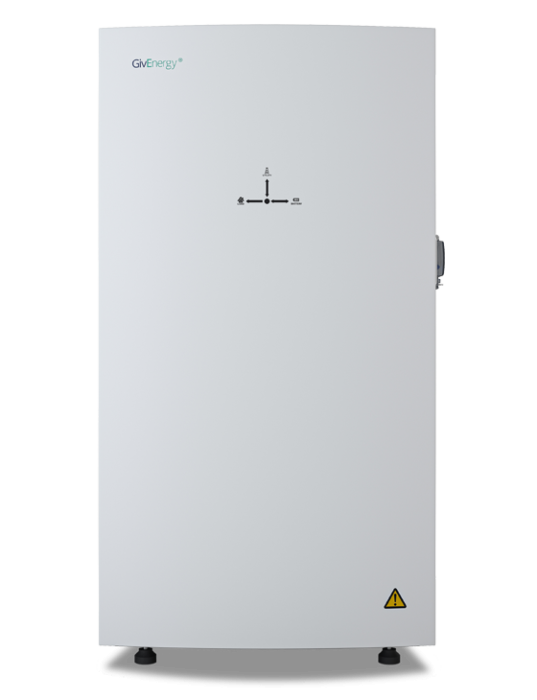 White energy storage unit with warning symbol.